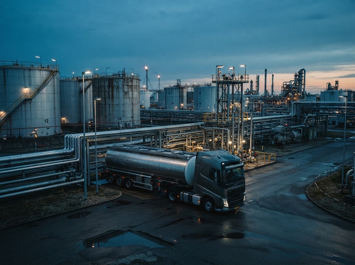 Camião cisterna num terminal petrolífero ao anoitecer